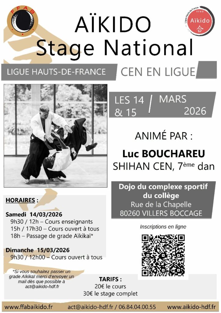 STAGE CEN – LUC BOUCHAREU 7° DAN – 14 & 15 MARS 2026 – VILLERS BOCCAGE